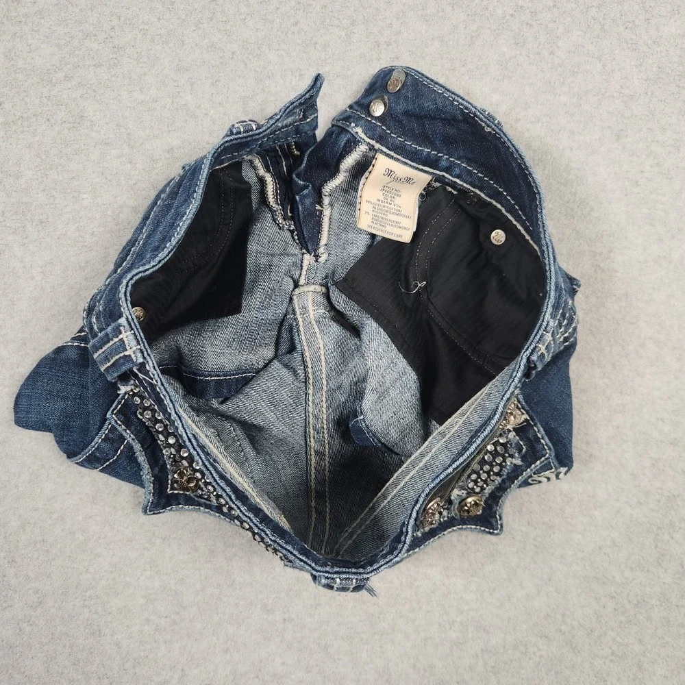 Miss Me Denim Jean Shorts Size 25 Blue Embellished Rhinestones Studded Flap - Picture 10 of 15